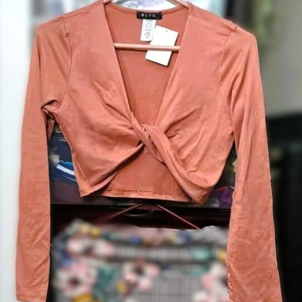 Brand New Dusty Rose Long Sleeve Twist-Front Crop Top - Made in USA